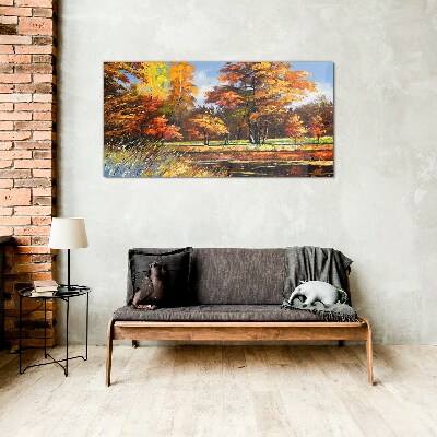 Golden autumn in the park Wall art on glass