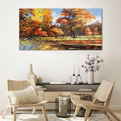 Golden autumn in the park Wall art on glass