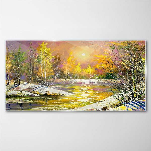Golden river in the autumn forest Glass art print