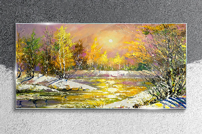 Golden river in the autumn forest Glass art print