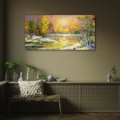 Golden river in the autumn forest Glass art print