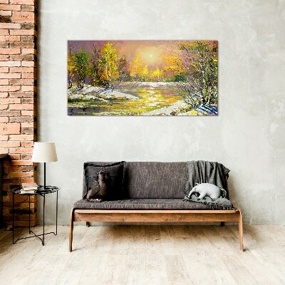 Golden river in the autumn forest Glass art print