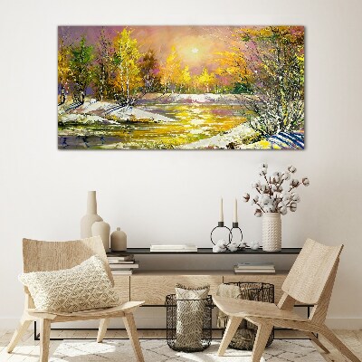 Golden river in the autumn forest Glass art print