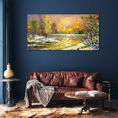 Golden river in the autumn forest Glass art print