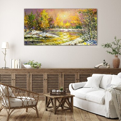 Golden river in the autumn forest Glass art print