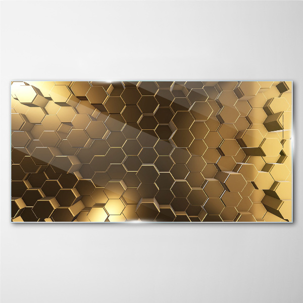 Golden hexagons in space Wall art on glass