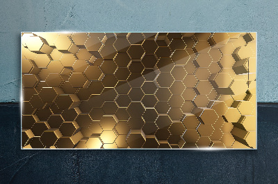 Golden hexagons in space Wall art on glass