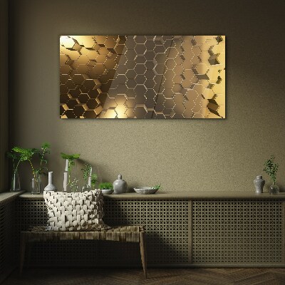 Golden hexagons in space Wall art on glass