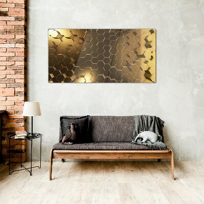 Golden hexagons in space Wall art on glass