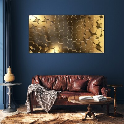 Golden hexagons in space Wall art on glass