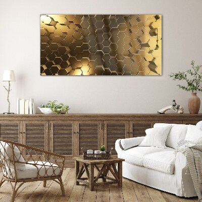 Golden hexagons in space Wall art on glass