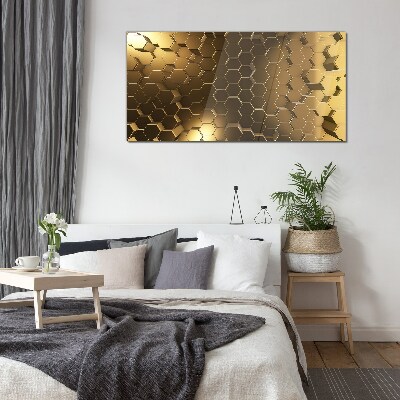 Golden hexagons in space Wall art on glass