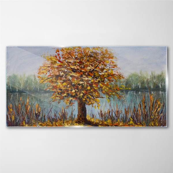 Golden autumn at the pond Wall art on glass