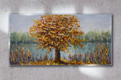Golden autumn at the pond Wall art on glass