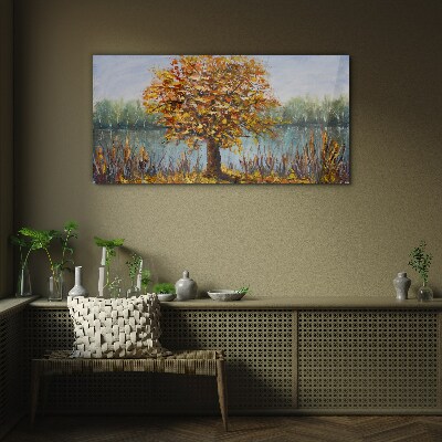 Golden autumn at the pond Wall art on glass