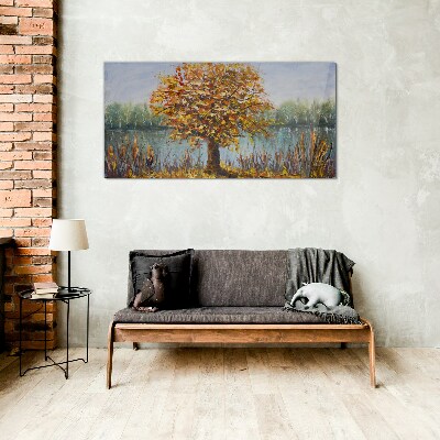 Golden autumn at the pond Wall art on glass