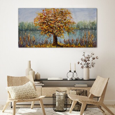 Golden autumn at the pond Wall art on glass
