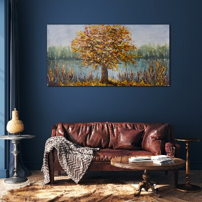 Golden autumn at the pond Wall art on glass