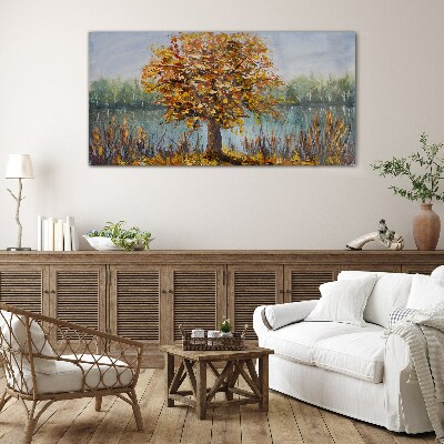 Golden autumn at the pond Wall art on glass