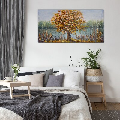 Golden autumn at the pond Wall art on glass