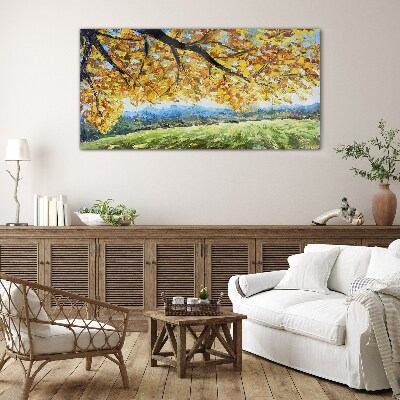 Golden autumn in the landscape Wall art on glass