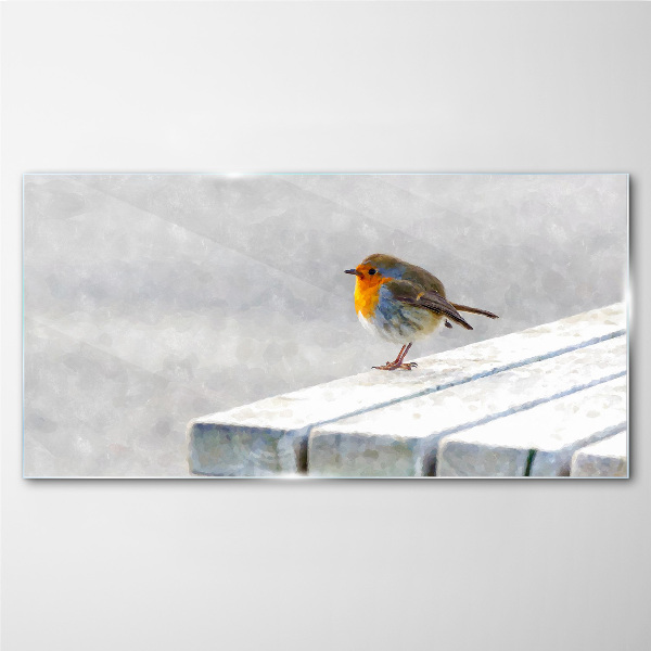 Robin on a white board Glass art print