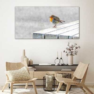 Robin on a white board Glass art print