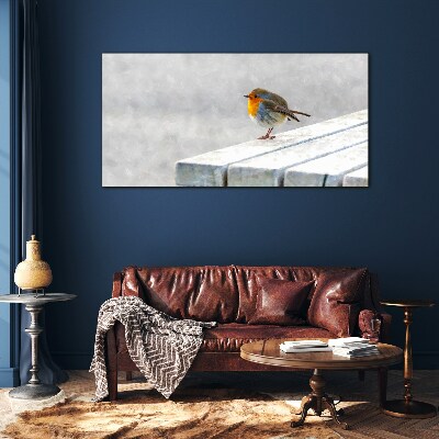 Robin on a white board Glass art print