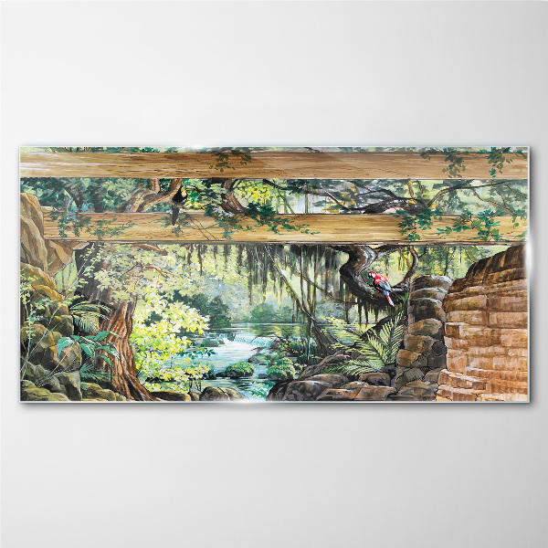 Tropical landscape with waterfall Glass art print