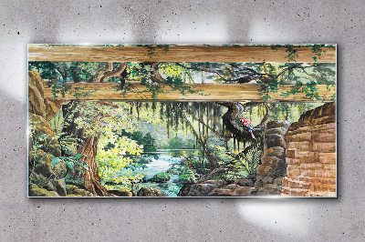 Tropical landscape with waterfall Glass art print