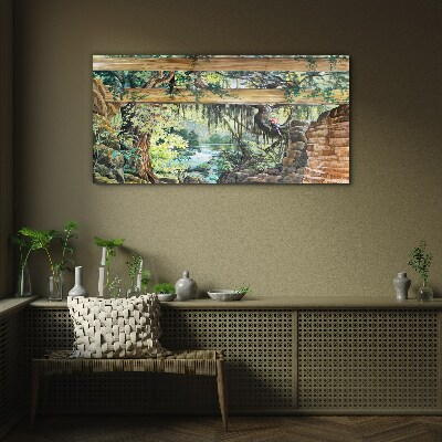 Tropical landscape with waterfall Glass art print