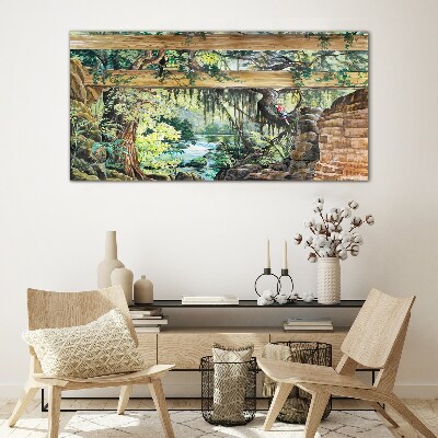 Tropical landscape with waterfall Glass art print