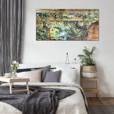 Tropical landscape with waterfall Glass art print