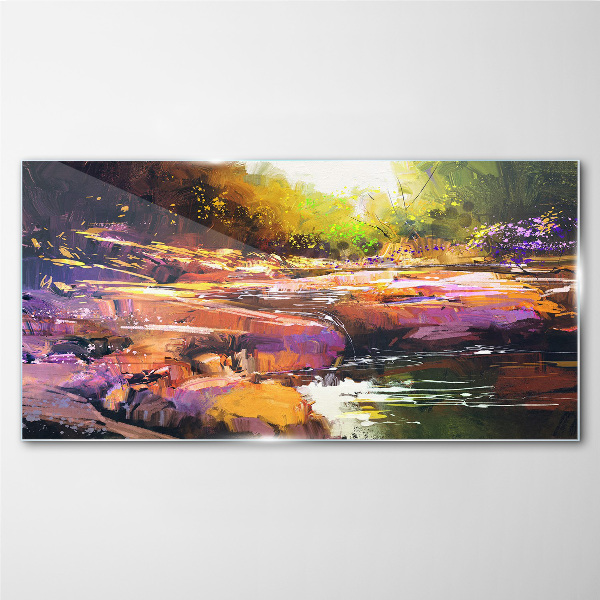 Colorful landscape by the river Wall art on glass