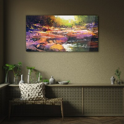 Colorful landscape by the river Wall art on glass