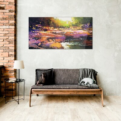 Colorful landscape by the river Wall art on glass