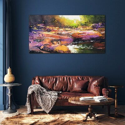Colorful landscape by the river Wall art on glass