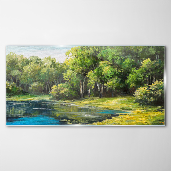 Green landscape over the water Glass art print