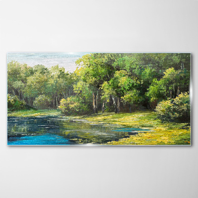 Green landscape over the water Glass art print
