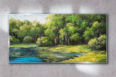 Green landscape over the water Glass art print