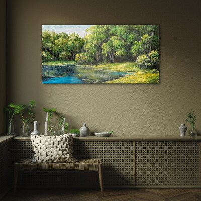Green landscape over the water Glass art print