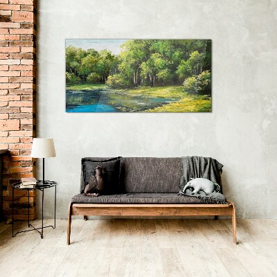 Green landscape over the water Glass art print