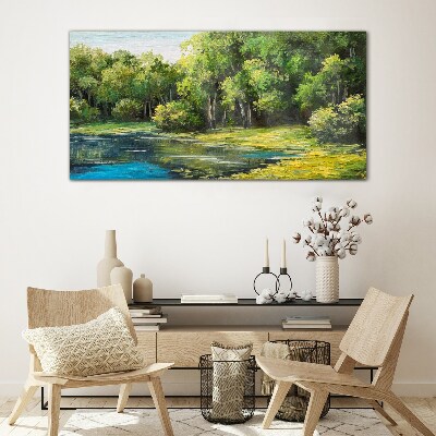 Green landscape over the water Glass art print