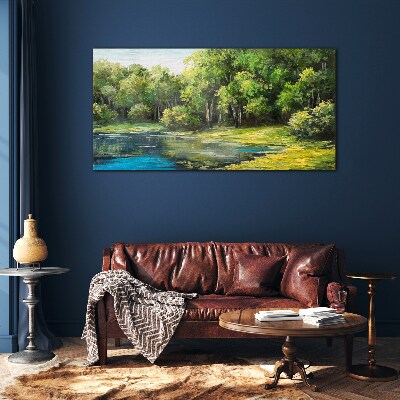 Green landscape over the water Glass art print