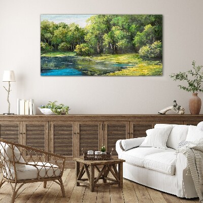 Green landscape over the water Glass art print
