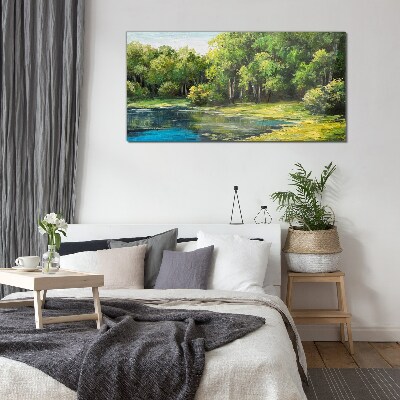 Green landscape over the water Glass art print