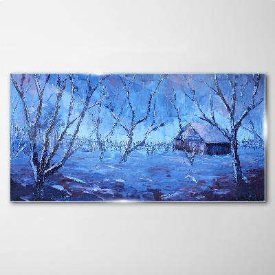 Winter landscape with a cottage Wall art on glass