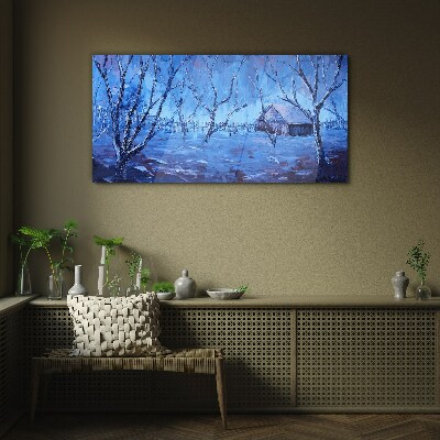 Winter landscape with a cottage Wall art on glass