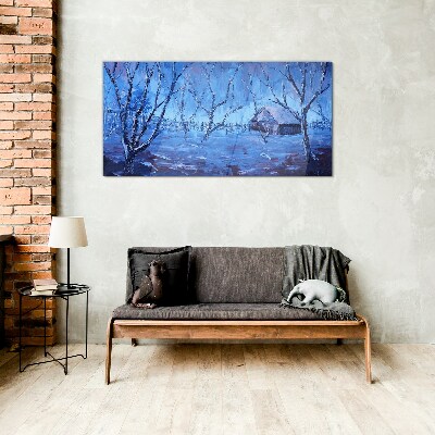 Winter landscape with a cottage Wall art on glass