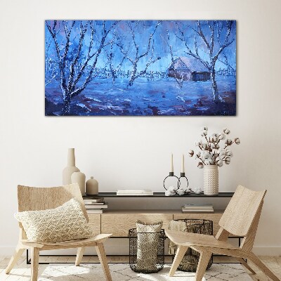 Winter landscape with a cottage Wall art on glass